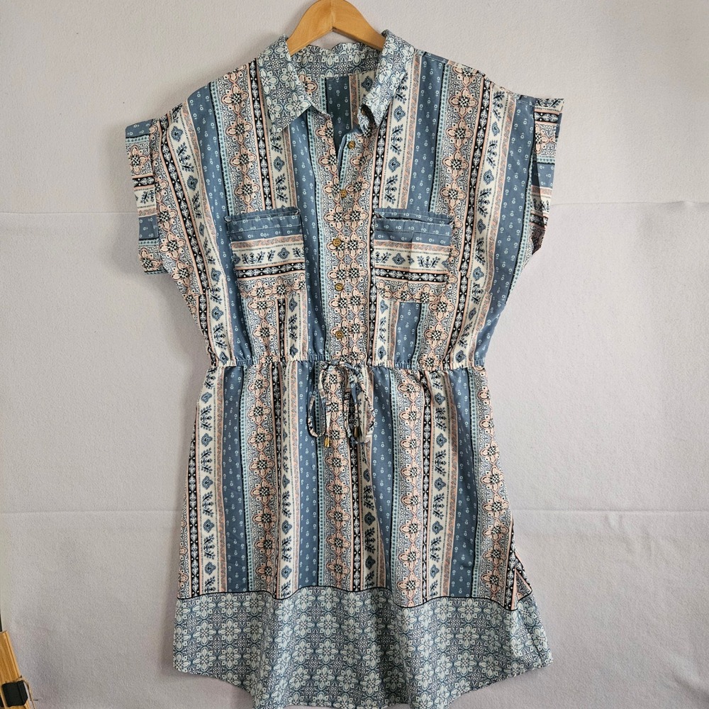 Boho Mixed Print Button Front Shirt Dress Blue Peach Drawstring Waist‎ XL